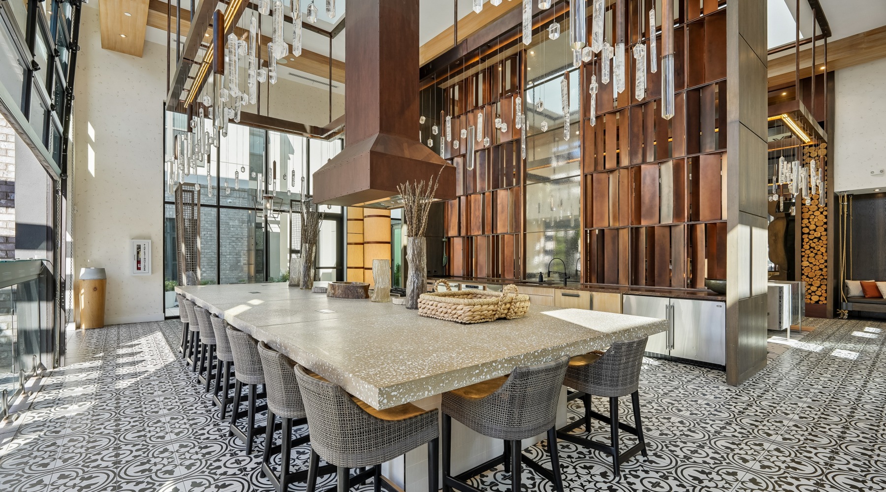 a large room with a table and charis
