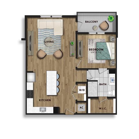 A 3D image of the A4 floorplan, a 896 squarefoot, 1 bed / 1 bath unit