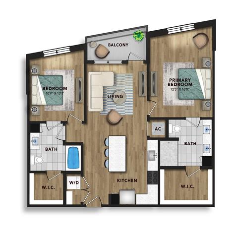 A 3D image of the B5 floorplan, a 1106 squarefoot, 2 bed / 2 bath unit