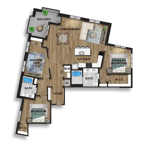 A 3D image of the C2 floorplan, a 1720 squarefoot, 3 bed / 2 bath unit