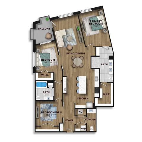 A 3D image of the C3 floorplan, a 1707 squarefoot, 3 bed / 3 bath unit