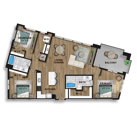 A 3D image of the C4 floorplan, a 1745 squarefoot, 3 bed / 2 bath unit