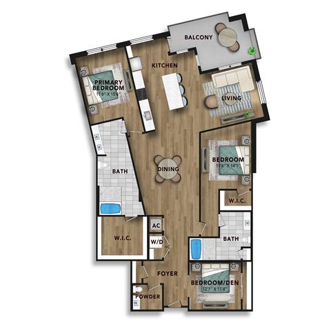 A 3D image of the C6 floorplan, a 2099 squarefoot, 3 bed / 3 bath unit