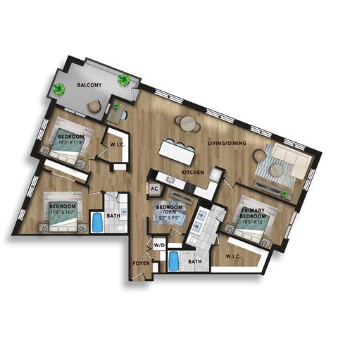 A 3D image of the C7 floorplan, a 2098 squarefoot, 3 bed / 2 bath unit