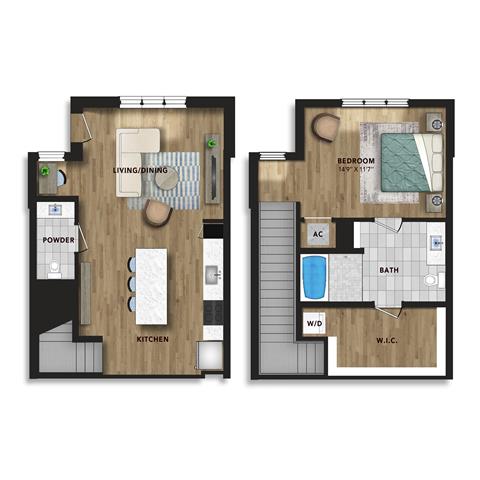 A 3D image of the 2-Story Penthouse B floorplan, a 1172 squarefoot, 1 bed / 2 bath unit