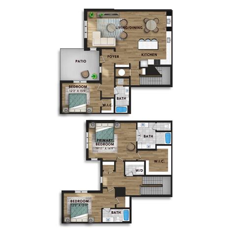 A 3D image of the 2-Story Penthouse C floorplan, a 2718 squarefoot, 3 bed / 3 bath unit